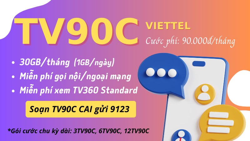 Đăng ký gói cước TV90C Viettel có data và gọi free không giới hạn