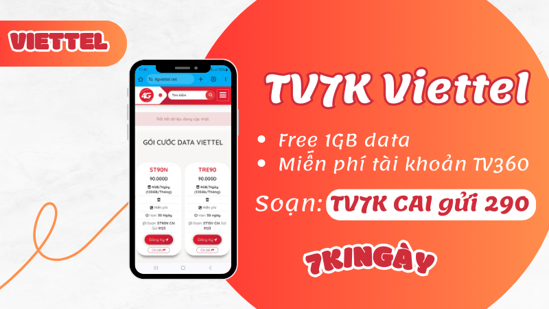 Đăng ký gói cước TV7K Viettel có ngay 1GB, Free TV360