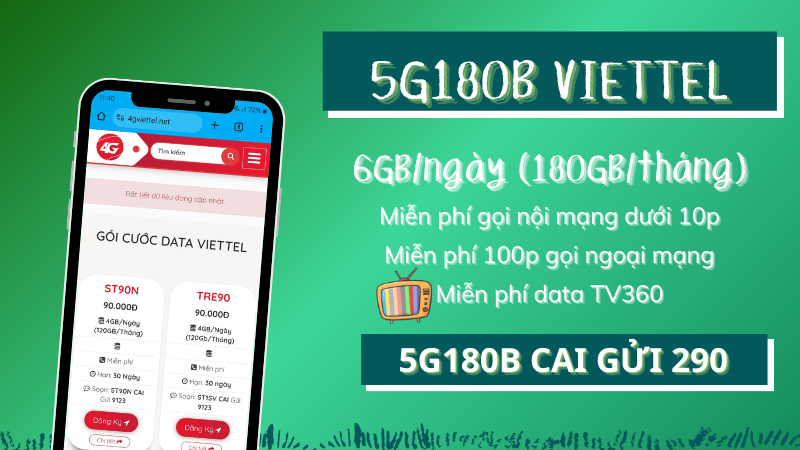 Đăng ký gói 5G180B Viettel có ngay 180GB, miễn phí gọi và TV360