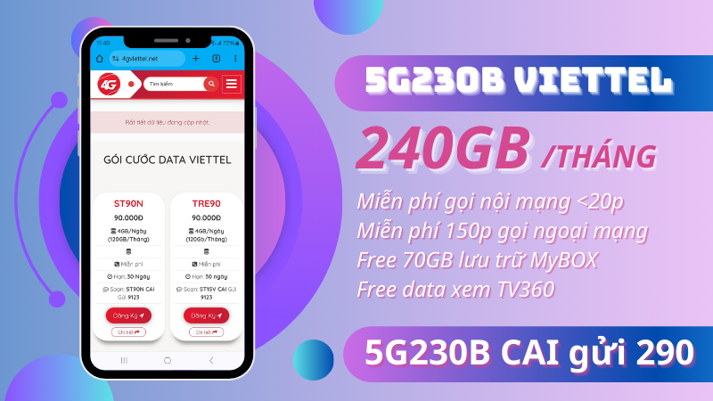 Đăng ký gói 5G230B Viettel ưu đãi 240GB, miễn phí gọi, TV360 và MyBOX