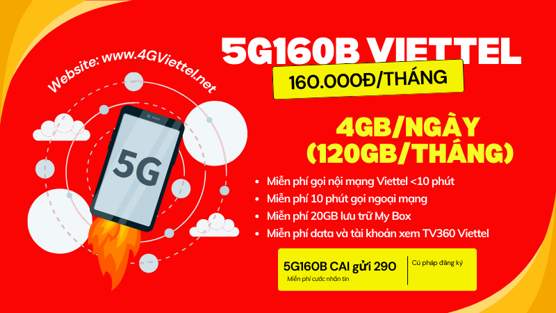 Đăng ký gói cước 5G160B Viettel miễn phí 120GB data, gọi free cả tháng 