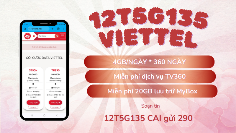 Đăng ký gói 12T5G135 Viettel miễn phí 4GB/ngày liên tiếp suốt 12 tháng