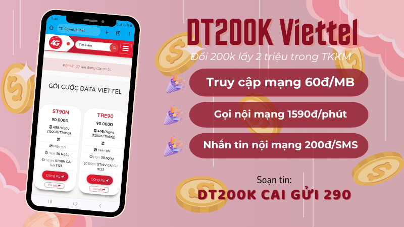 Đăng ký gói DT200K Viettel ưu đãi 2 triệu tài khoản khuyến mãi